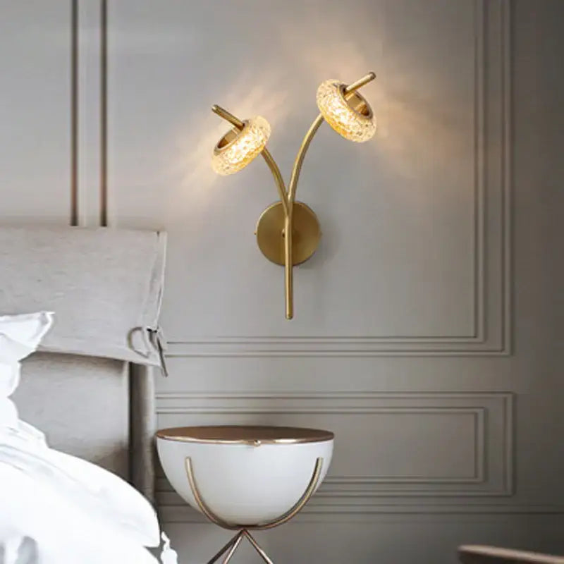 Modern gold crystal lustre led chandelier wall sconce with two curved arms and textured glass globes for dining room decorbites crystal lustre