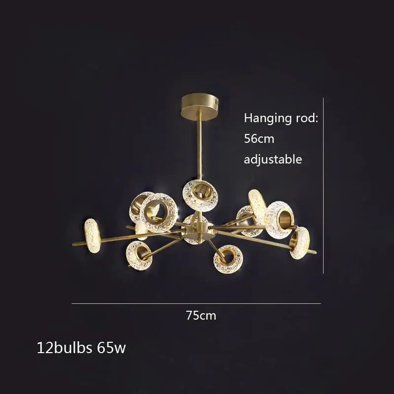 Modern gold crystal lustre led chandelier featuring twelve crystal-encrusted circular lights with adjustable rod for dining room decorbites crystal lustre