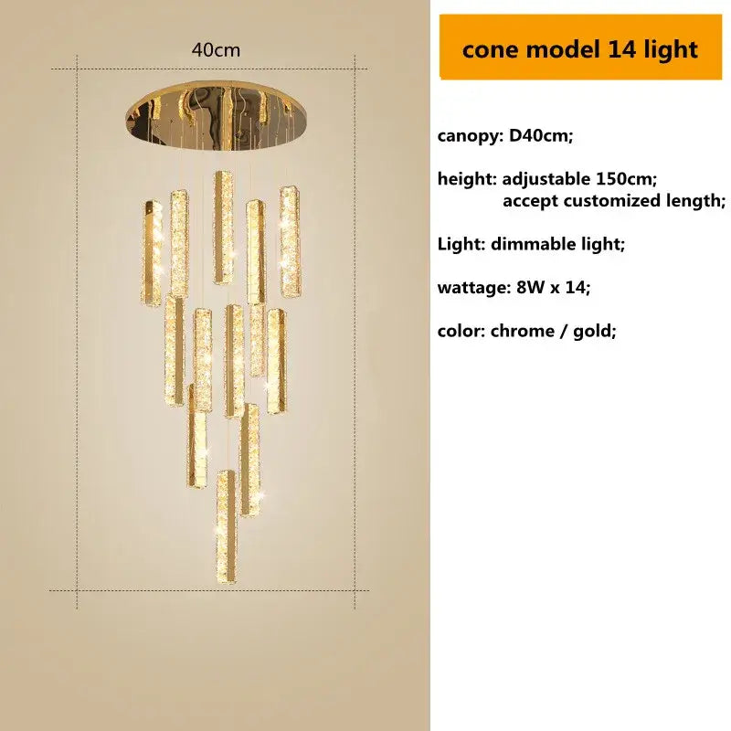 Modern gold crystal lustre pendant lights with 14 dimmable led bars and adjustable height for dining room decorbites crystal lustre