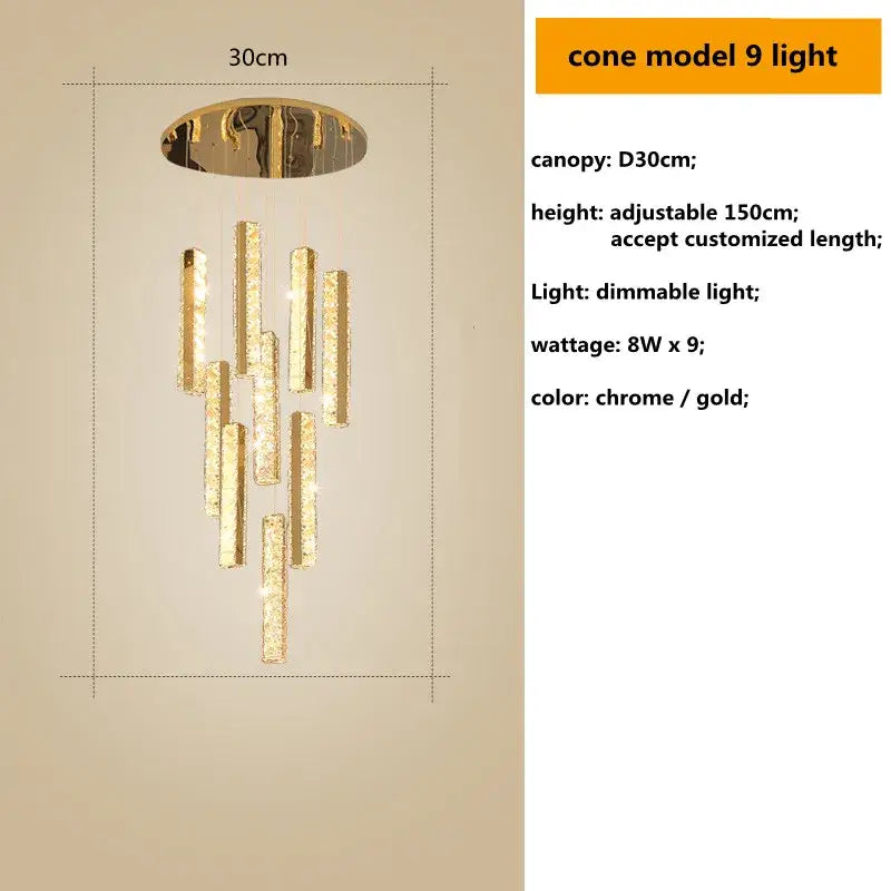Modern gold crystal lustre pendant lights with chrome and gold cone model featuring nine adjustable dimmable led bars