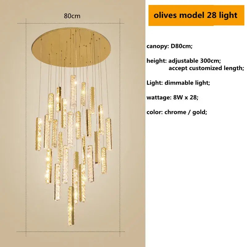 Modern gold and chrome olives model 28 crystal lustre pendant light with cascading rods for dining room decorbites crystal lustre
