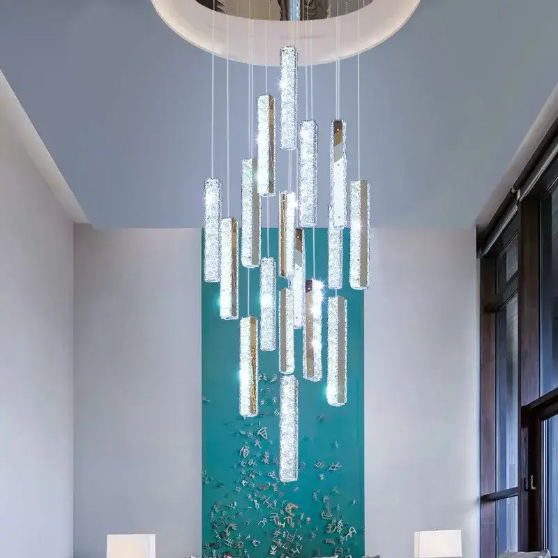 Modern gold crystal lustre pendant lights with cascading cylindrical glass elements for dining room decorbites crystal lustre
