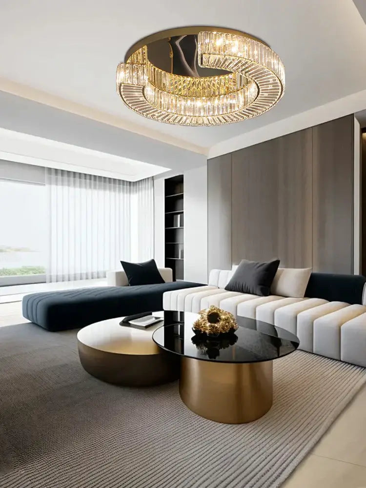 Modern gold led ceiling lamp with two concentric crystal luxe rings in polished gold frame for dining room decorbites ceiling lamp