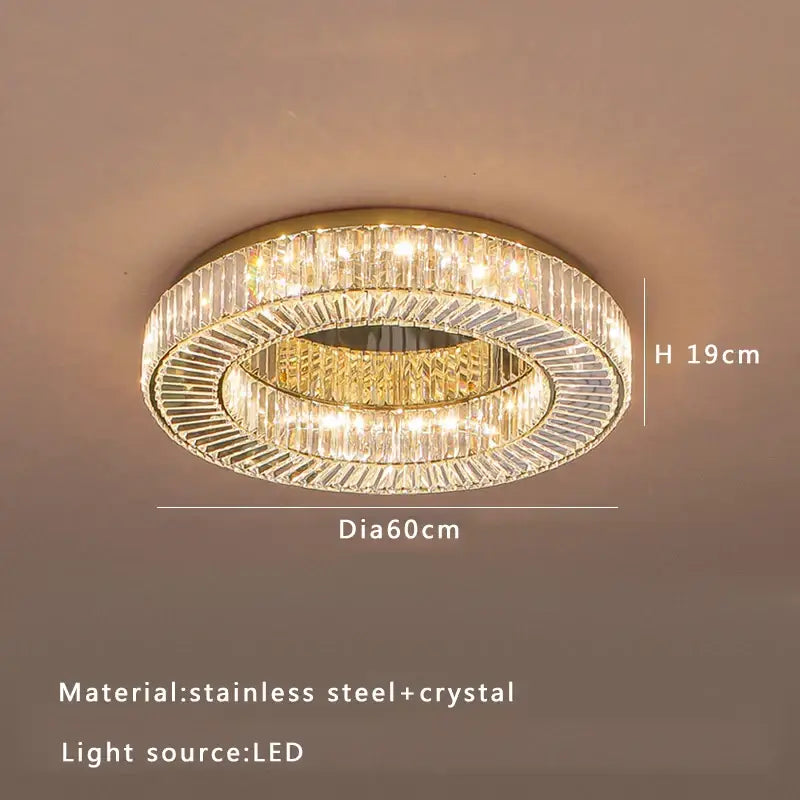 Modern gold led ceiling lamp with a two-tiered stainless steel frame and clear crystal accents by decorbites crystal luxe