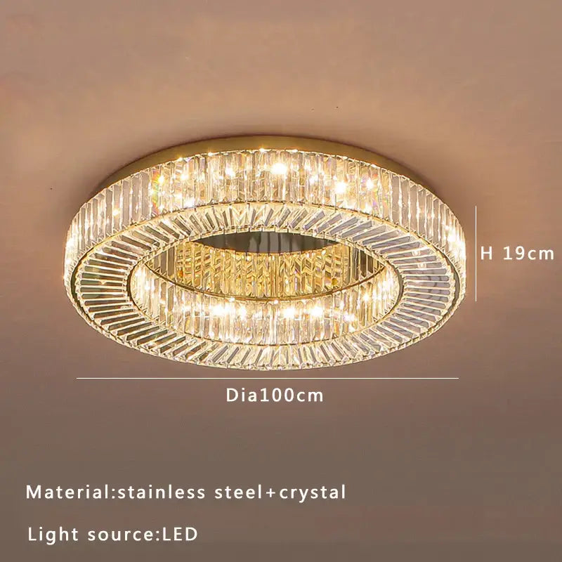 Modern gold led ceiling lamp with a stainless steel frame and crystal rods by decorbites crystal luxe for dining room decor