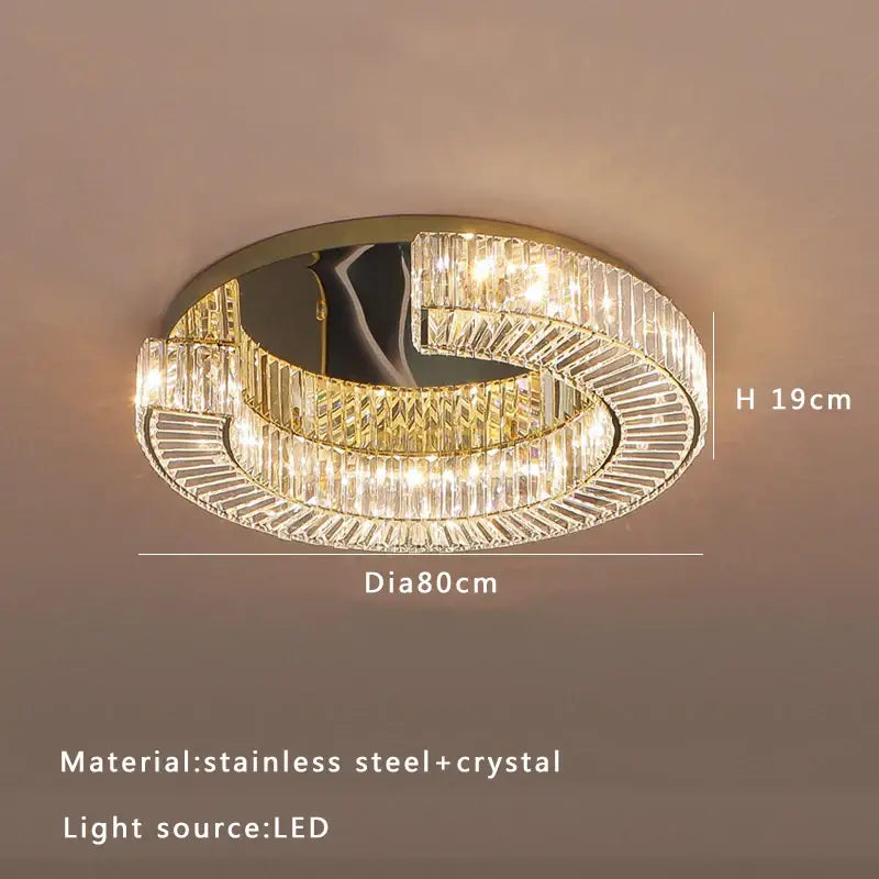 Modern gold led ceiling lamp with two concentric clear crystal rings and gold stainless steel decorbites crystal luxe accents