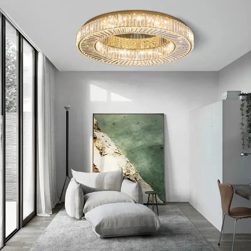 Modern gold led ceiling lamp with multiple concentric rings of faceted crystals decorbites crystal luxe chandelier