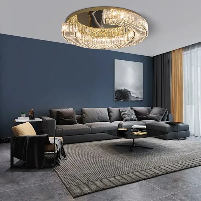 Modern gold led ceiling lamp with decorbites crystal luxe circular frame and cascading crystal elements for dining room decor