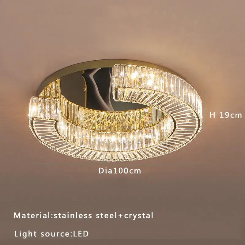 Modern gold led ceiling lamp with two concentric crystal luxe rings in stainless steel frame ideal for dining room decorbites