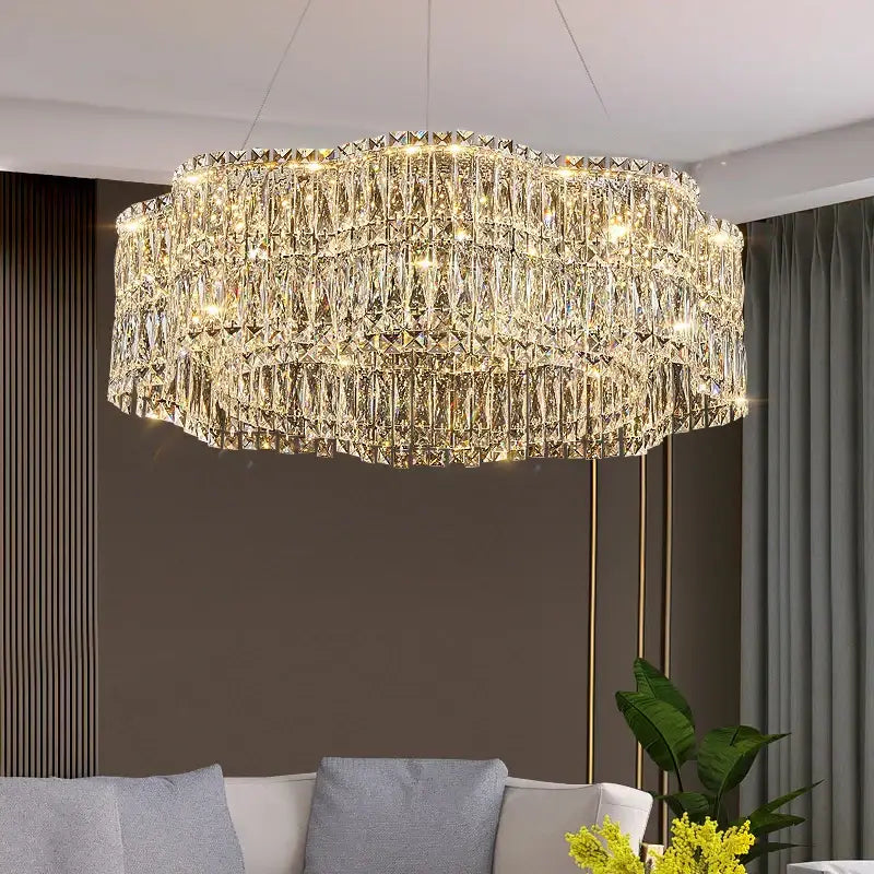 Decorbites crystal luxe multi-tiered gold chandelier with faceted glass and warm lighting for living room light