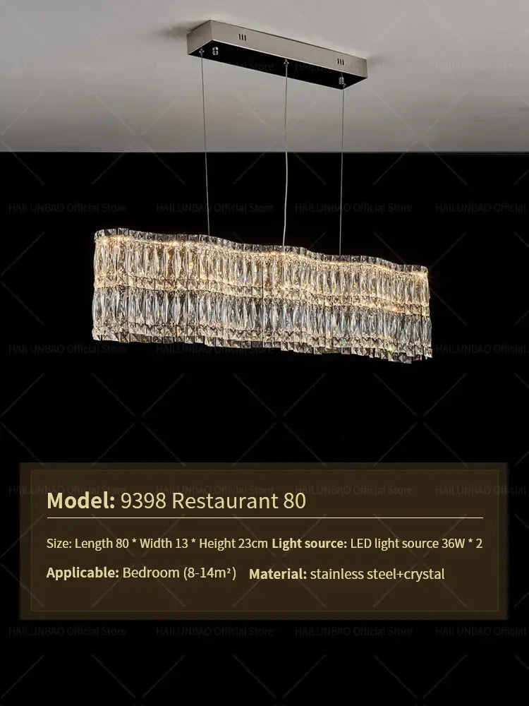 Modern rectangular decorbites crystal luxe chandelier with stainless steel frame and cascading clear crystal prisms for living room