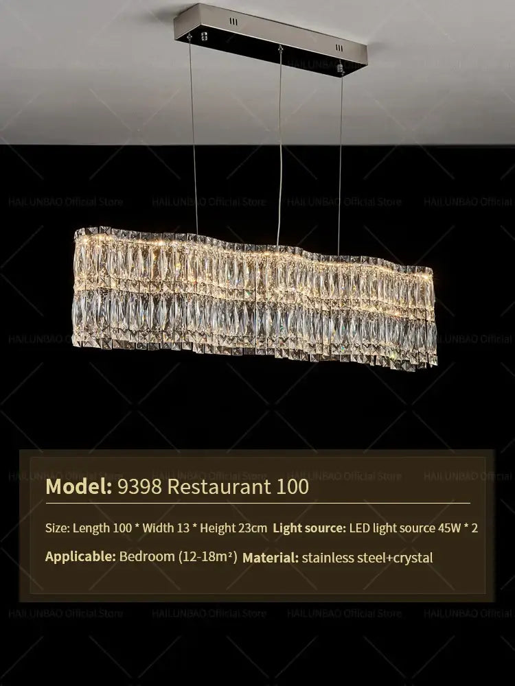 Modern rectangular decorbites crystal luxe chandelier with sleek stainless steel frame and cascading crystal prisms for living room