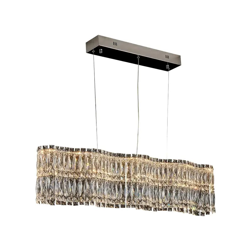 Modern rectangular decorbites crystal luxe chandelier with layered clear and smoky crystal prisms and brushed nickel mount