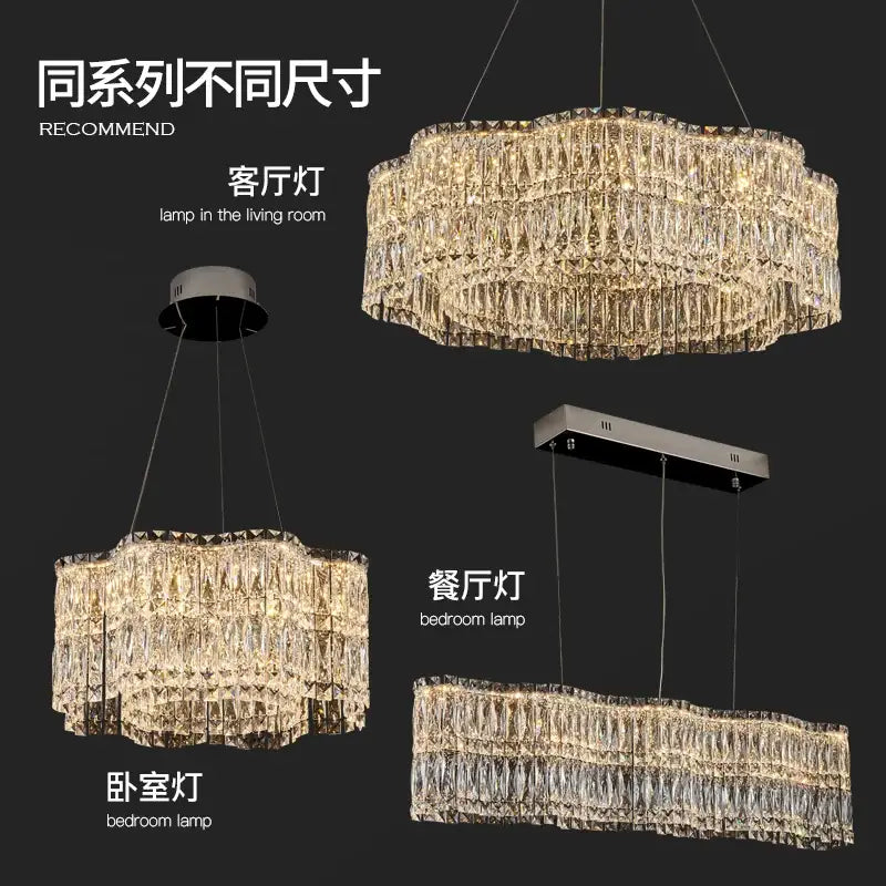 Multi-tiered gold crystal luxe chandelier by Decorbites with warm lighting for elegant living room decor