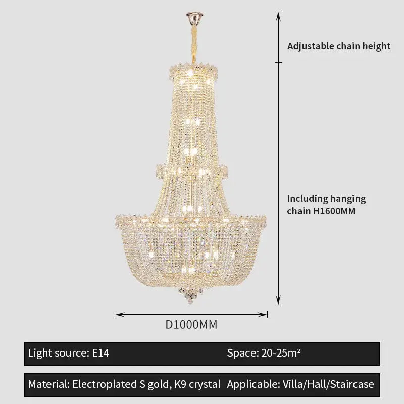 Modern european crystal luxe chandelier with multi-tiered k9 crystal strands and electroplated gold finish for elegant decorbites decor