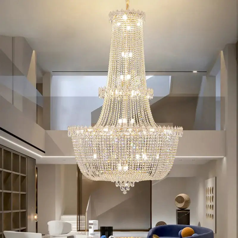 Modern European crystal luxe chandelier with multi-tiered clear faceted crystals and warm glowing lights for living room decorbites crystal luxe