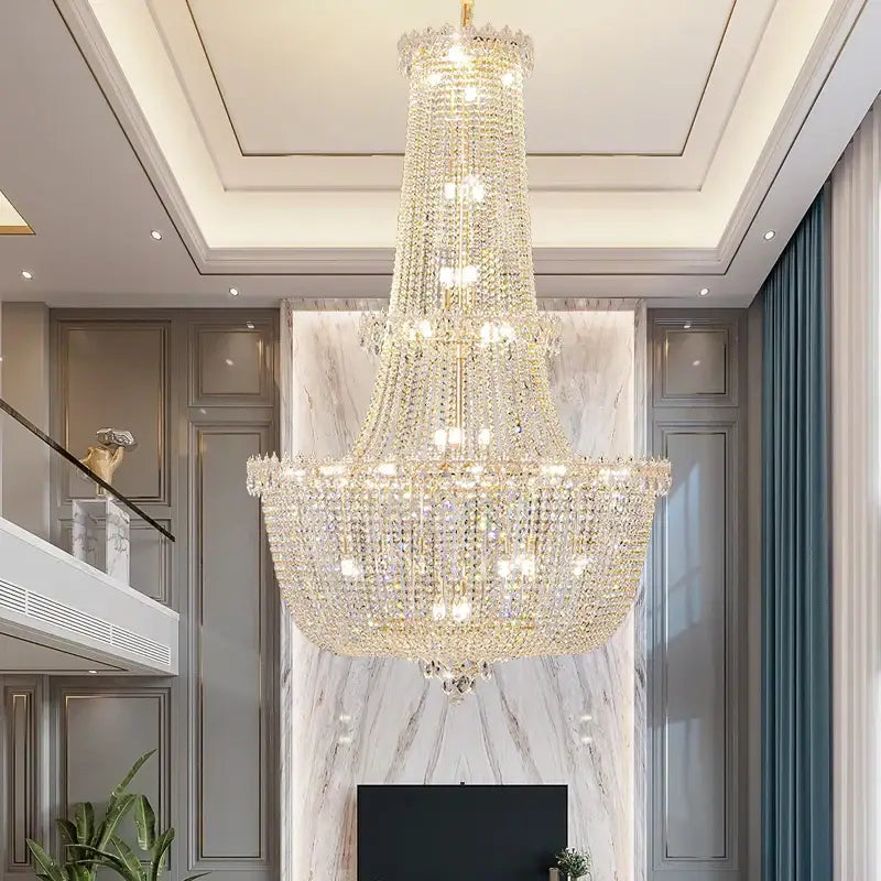 Modern european crystal luxe chandelier with clear faceted crystals and warm lighting for living room decorbites crystal luxe