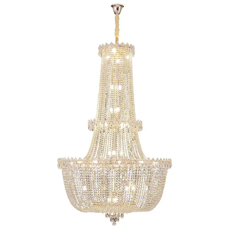 Modern european crystal luxe chandelier with gold metal frame and cascading clear faceted crystals for living room decorbites crystal luxe