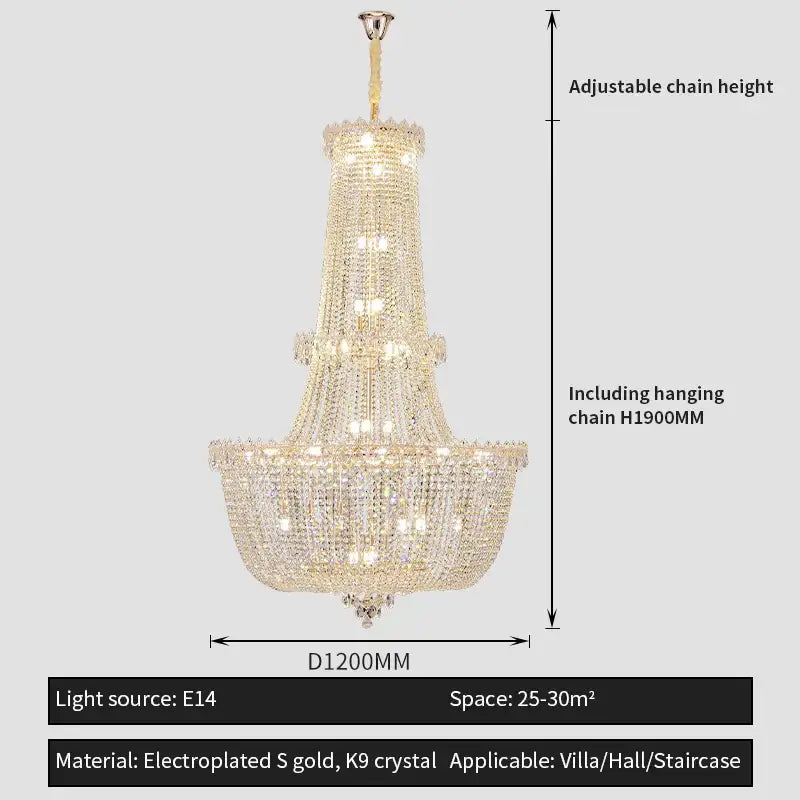 A modern european crystal luxe chandelier in gold tone with cascading clear k9 crystal tiers for elegant living rooms