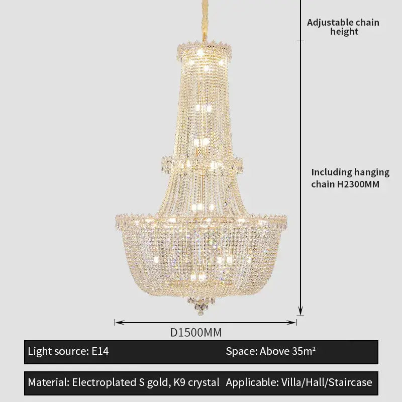 Modern european crystal luxe chandelier with multi tiered k9 crystal cascades and electroplated gold accents for grand spaces