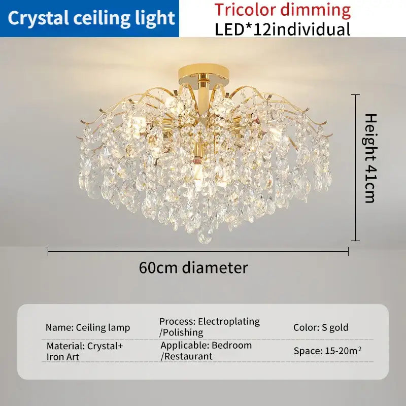 Gold-finished crystal luxe led chandelier with 12 led lights and tricolor dimming for living room glass droplets