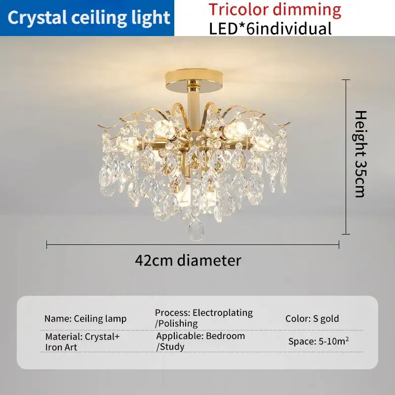 Gold-finished crystal luxe led chandelier with six led lights and clear glass droplets for living room use