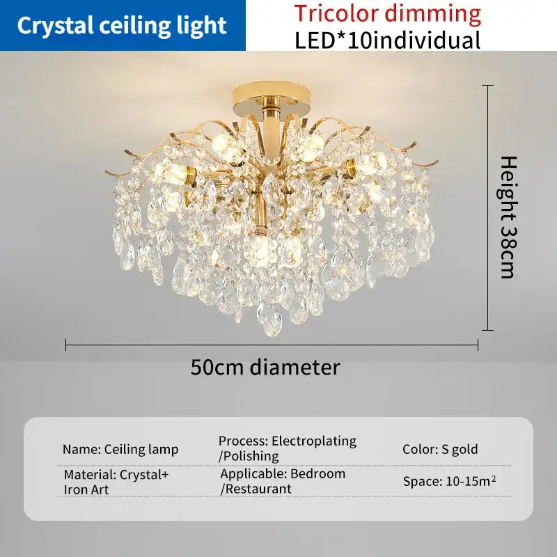 Crystal luxe led gold chandelier with 10 tricolor LED bulbs, polished iron base, and hanging glass droplets for living room