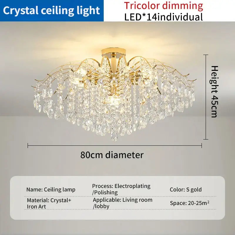 Gold-trimmed crystal luxe led chandelier with 14 leds glass droplets and tricolor dimming for living room