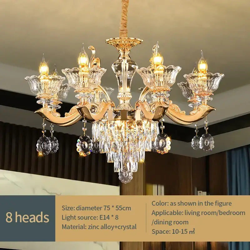 Elegant european gold crystal luxe pendant lamp with eight arms clear glass shades and crystal pendants for dining room