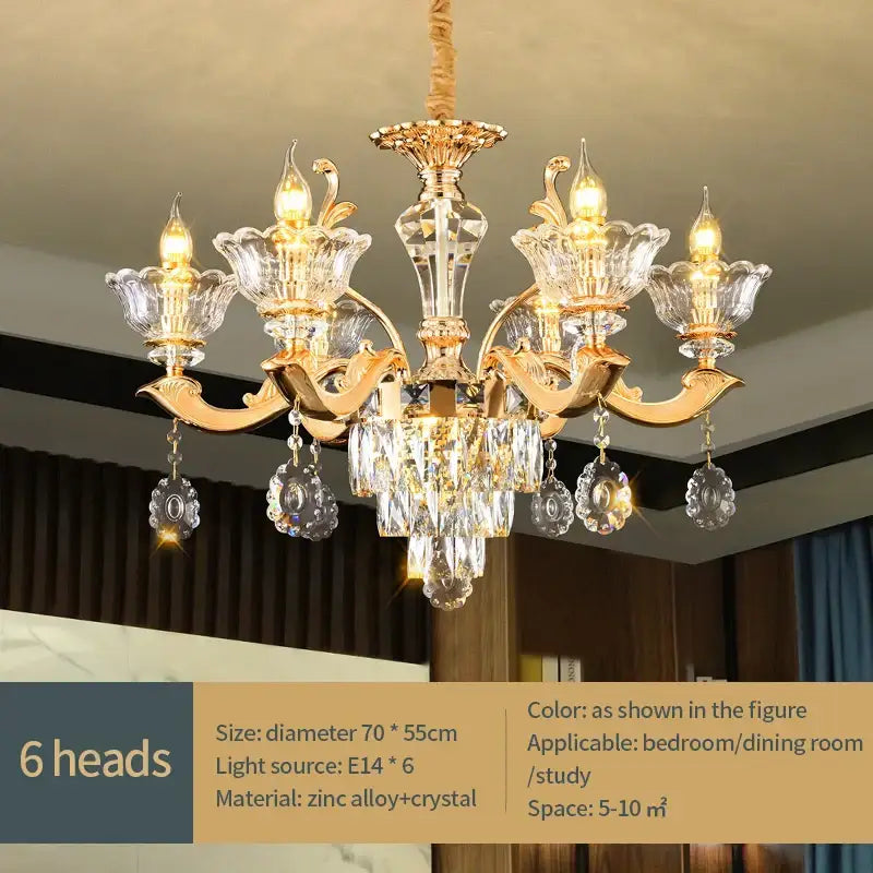 European gold crystal luxe pendant lamp with six zinc alloy crystal arms for dining room pendant lamp lighting