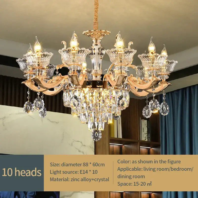 Elegant european gold crystal luxe pendant lamp with ten illuminated light heads and glass droplets for dining room