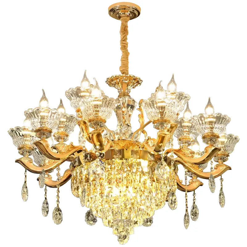 Golden european crystal luxe pendant lamp with multiple light bulbs for dining room use