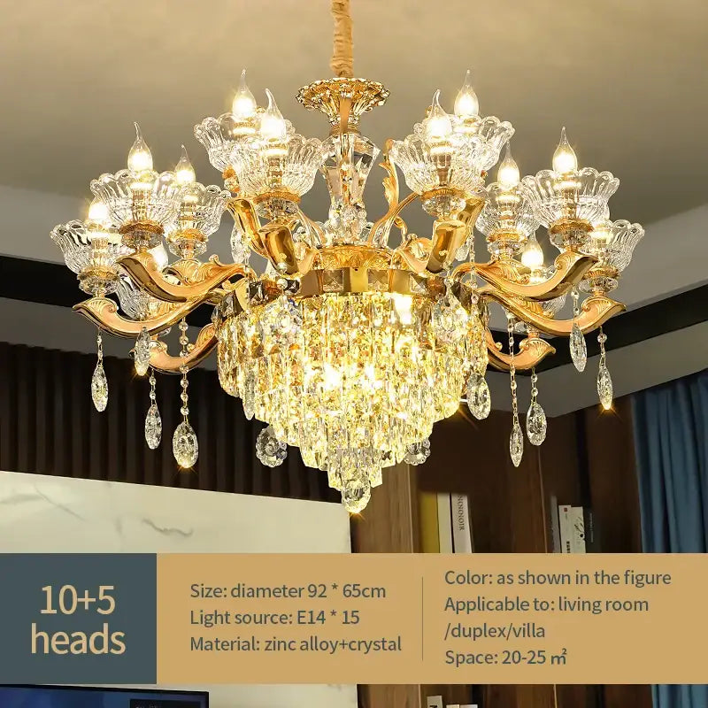 Elegant European gold crystal luxe pendant lamp with intricate crystal droplets and floral glass shades for dining room