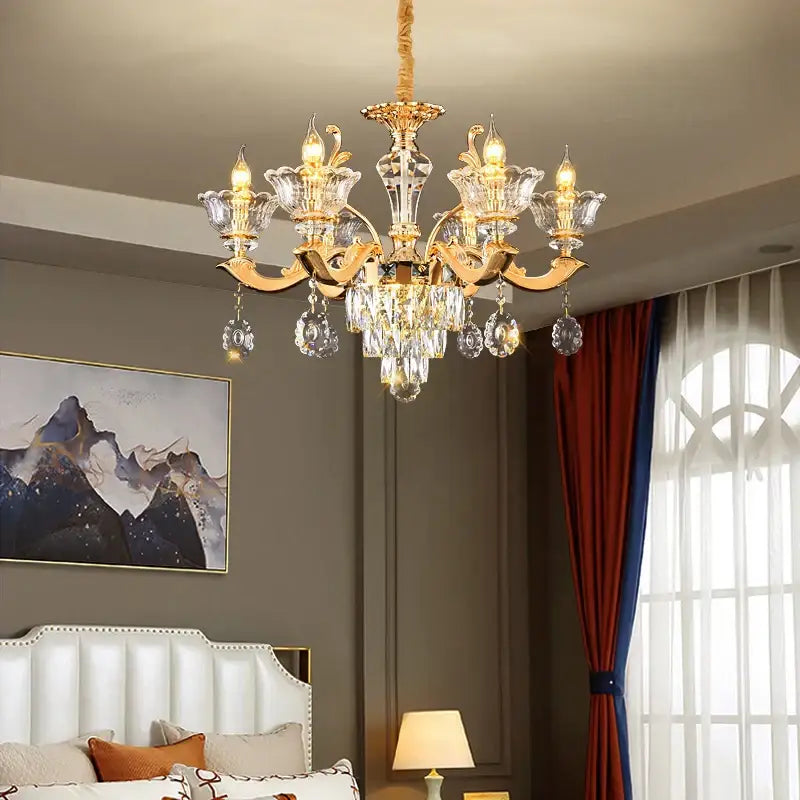 European gold crystal luxe pendant lamp with gold-toned chandelier and crystal accents for dining room lighting