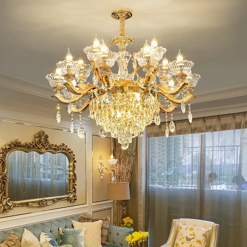 European gold crystal luxe pendant lamp with intricate crystal droplets and warm lit bulbs for dining room use