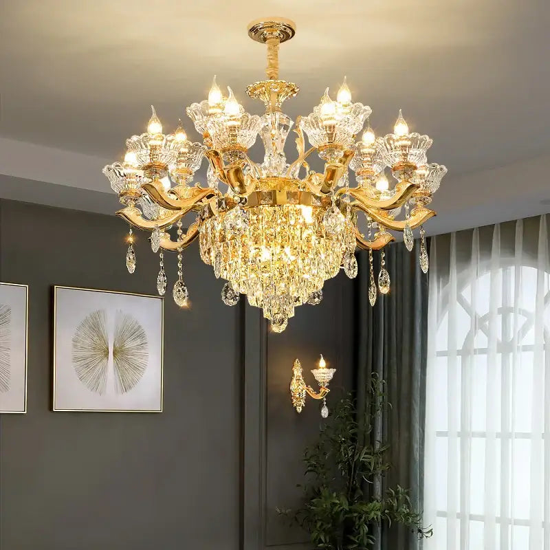 European gold crystal luxe pendant lamp with ornate arms and crystal droplets for dining room lighting