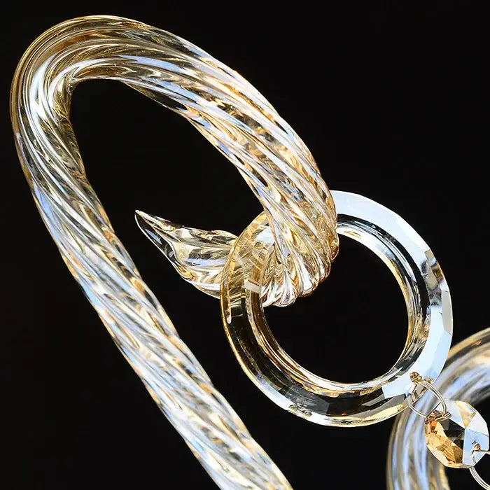 Clear twisted glass chandelier pendant with faceted crystal ring and amber droplets for luxury bedroom wall lamp