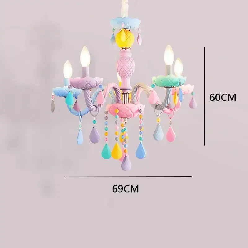 Pastel rainbow crystal luxury candle chandelier with pink central column and rainbow teardrop beads for dining room decorbites crystal luxury