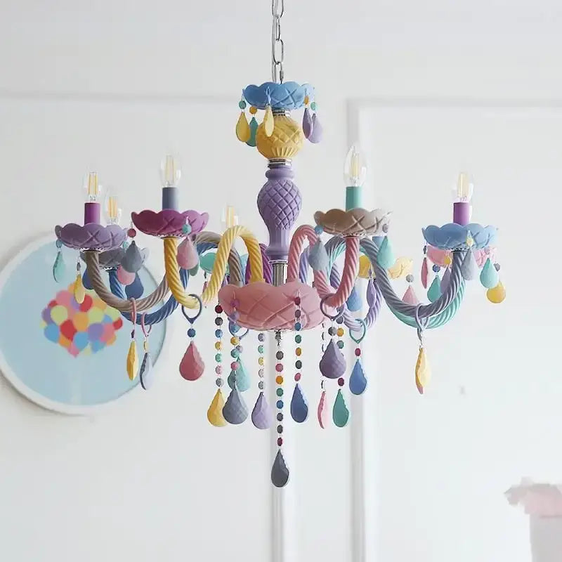 Pastel rainbow crystal luxury candle chandelier with quilted rope-wrapped arms and rainbow teardrop beads for dining room decorbites crystal luxury