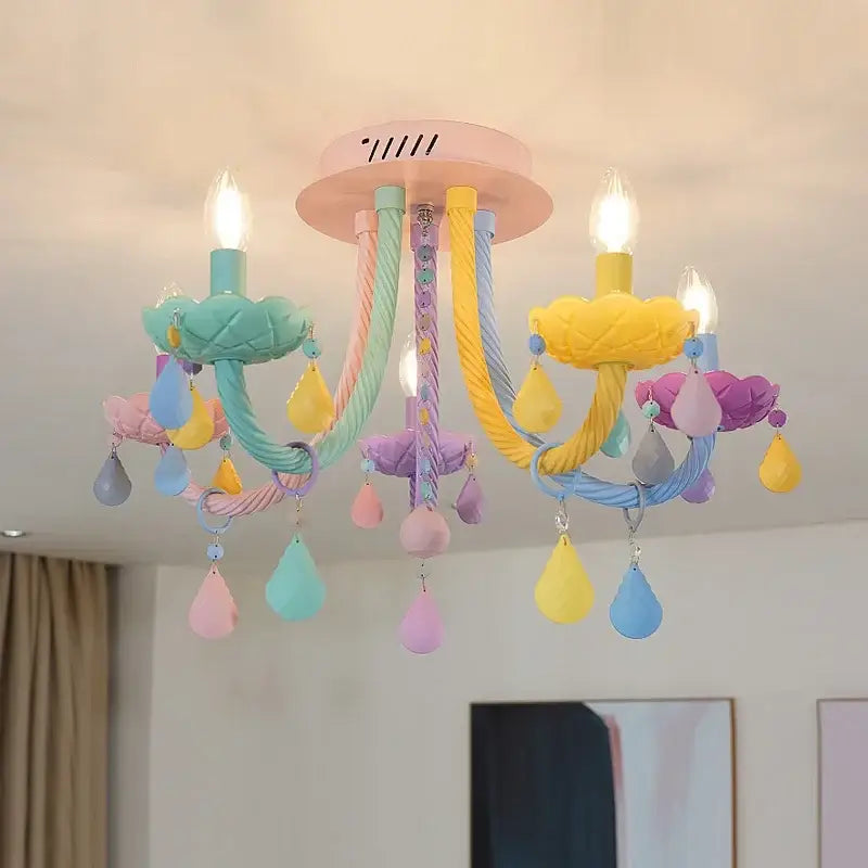 Pastel-colored crystal luxury candle chandelier with twisted rope arms and teardrop ornaments for dining room decorbites crystal luxury