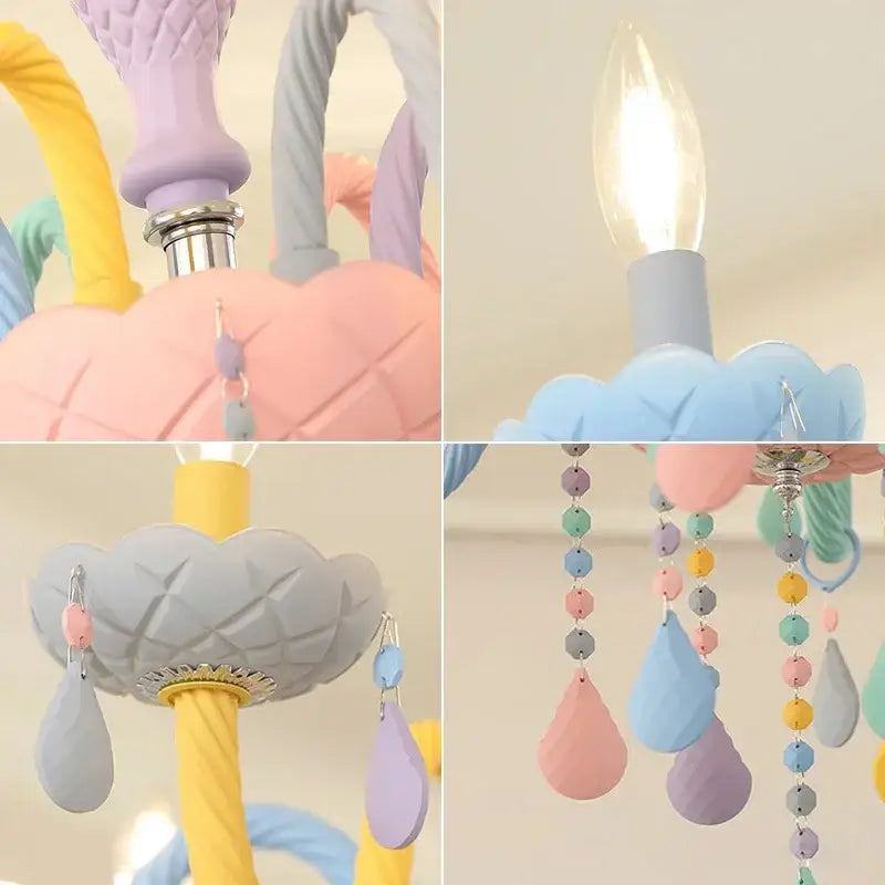 Pastel-colored cloud-shaped decorbites crystal luxury candle chandelier with dangling teardrop pendants and beaded chains