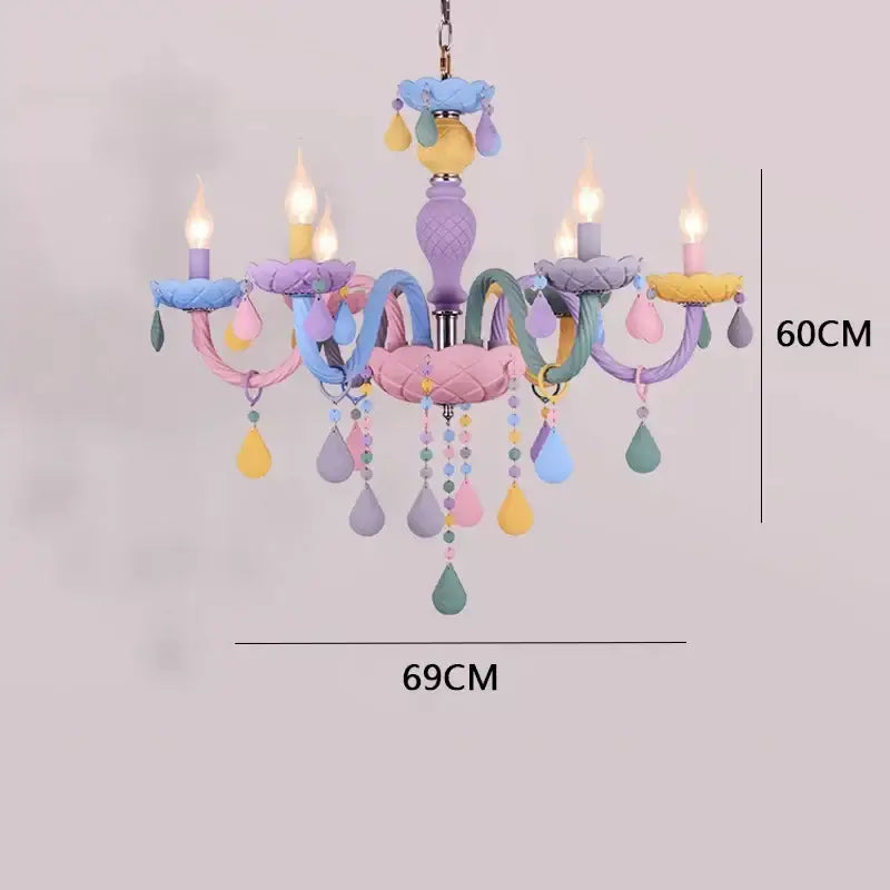 Pastel rainbow crystal luxury candle chandelier with painted metal arms and teardrop acrylic pendants for dining room decorbites crystal luxury