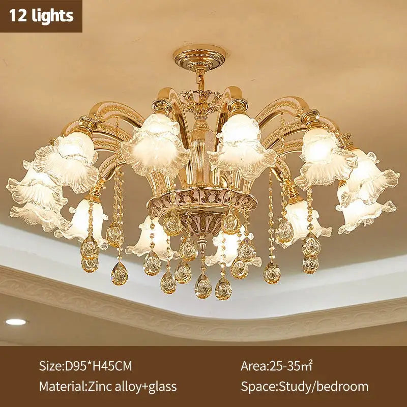 Modern gold crystal luxury ceiling chandelier with 12 frosted flower shades and dangling crystal teardrop pendants for living room decorbites crystal luxury