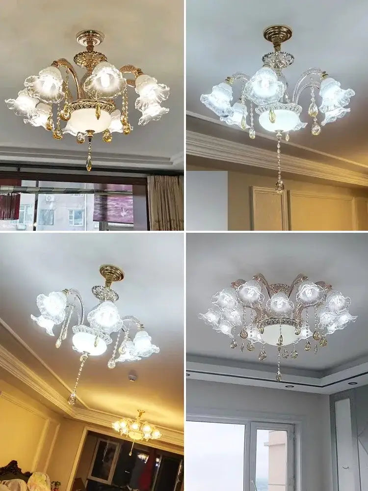 Elegant gold crystal luxury ceiling chandelier with frosted glass flower shades and dangling crystal droplets for living room decorbites crystal luxury