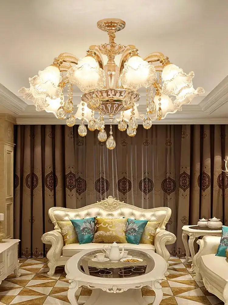 Modern gold crystal luxury ceiling chandelier with frosted glass shades and dangling crystal droplets for living room decorbites crystal luxury