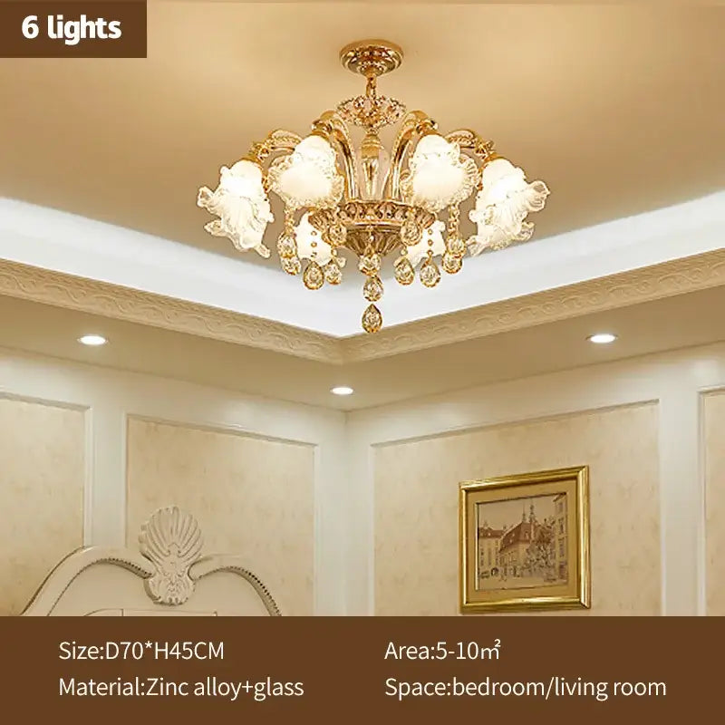 Modern gold crystal luxury ceiling chandelier with six frosted glass shades and crystal accents for living room decorbites crystal luxury