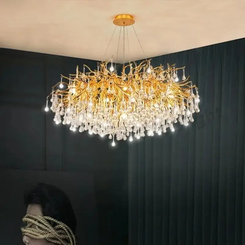 Modern gold crystal luxury ceiling chandelier with golden branch design and cascading clear crystal droplets for dining room decorbites crystal luxury