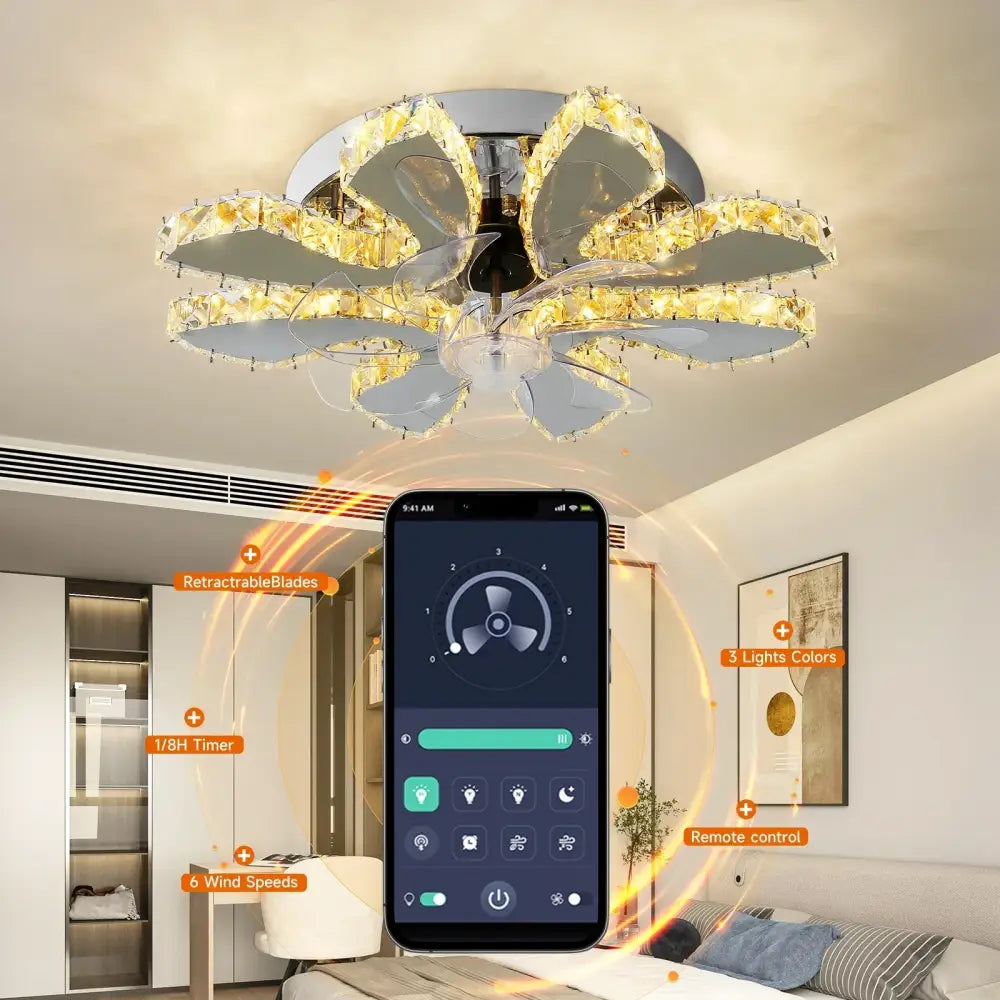 Modern decorbites crystal luxury ceiling fan with gold and chrome finish retractable blades and smart controls for living rooms