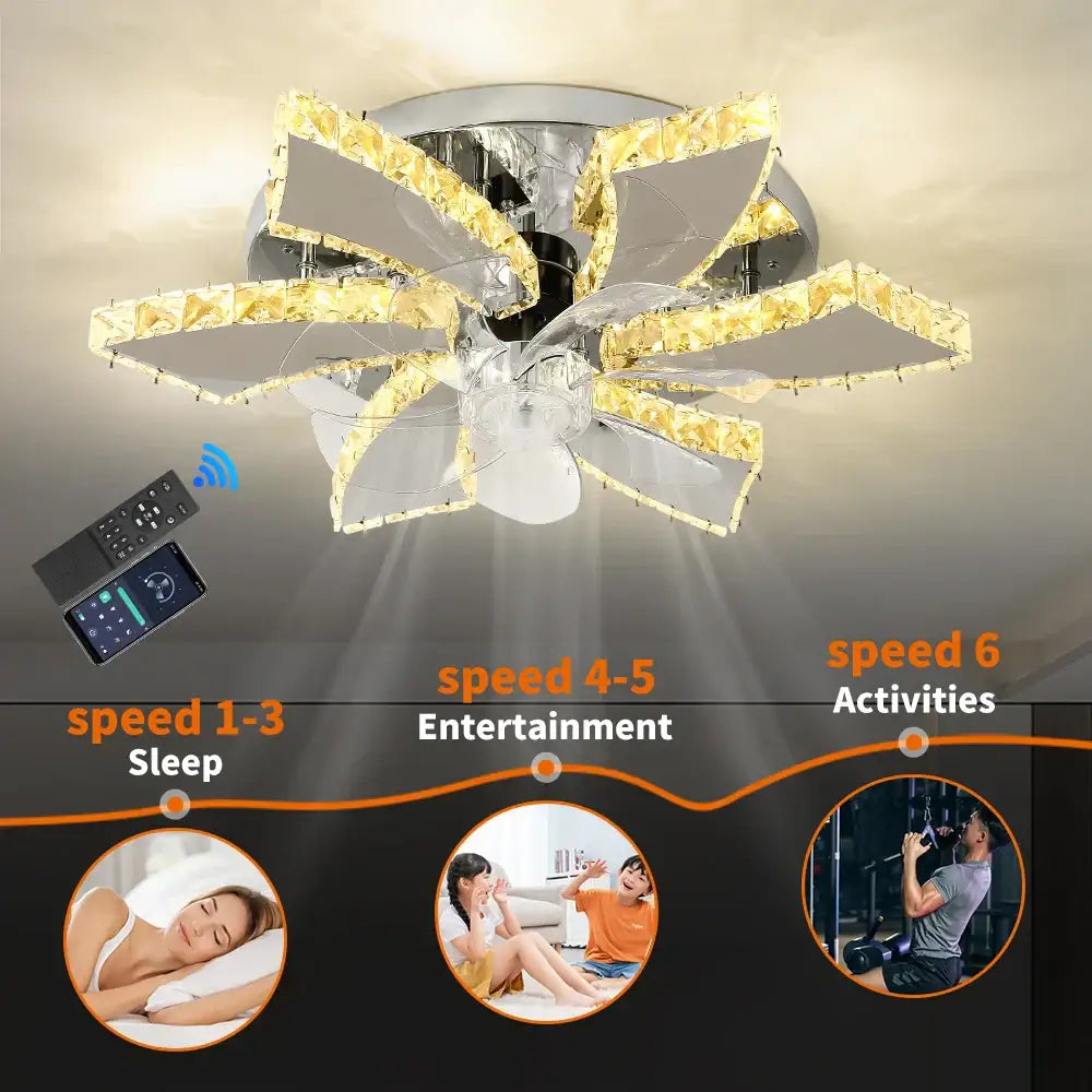 Modern crystal luxury ceiling fan with sleek chrome finish and gold-accented translucent petal blade covers for living room decorbites crystal luxury ceiling