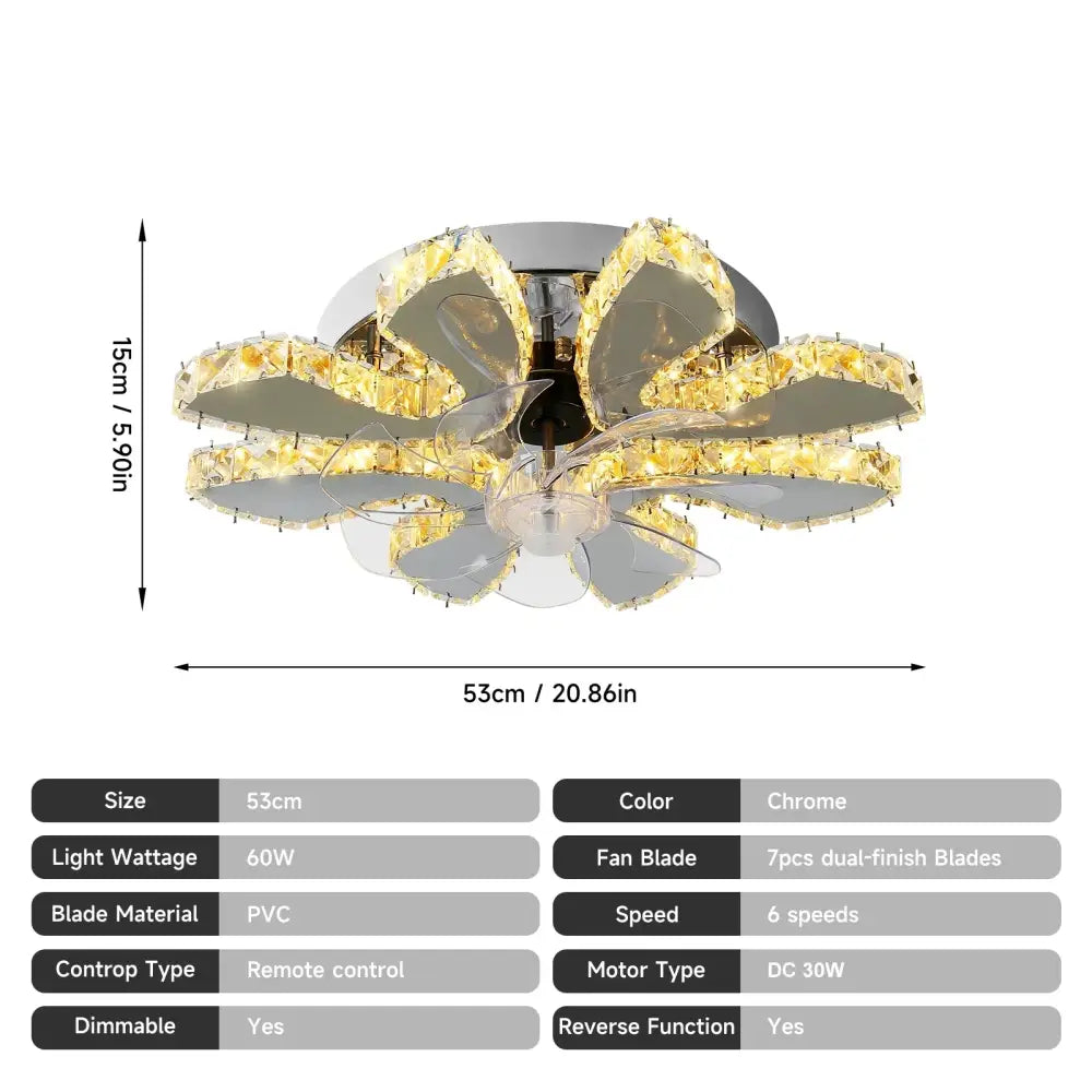 Modern crystal luxury ceiling fan with chrome finish, flower-like crystal petals, and seven dual-finishing blades for decorbites crystal luxury ceiling decor